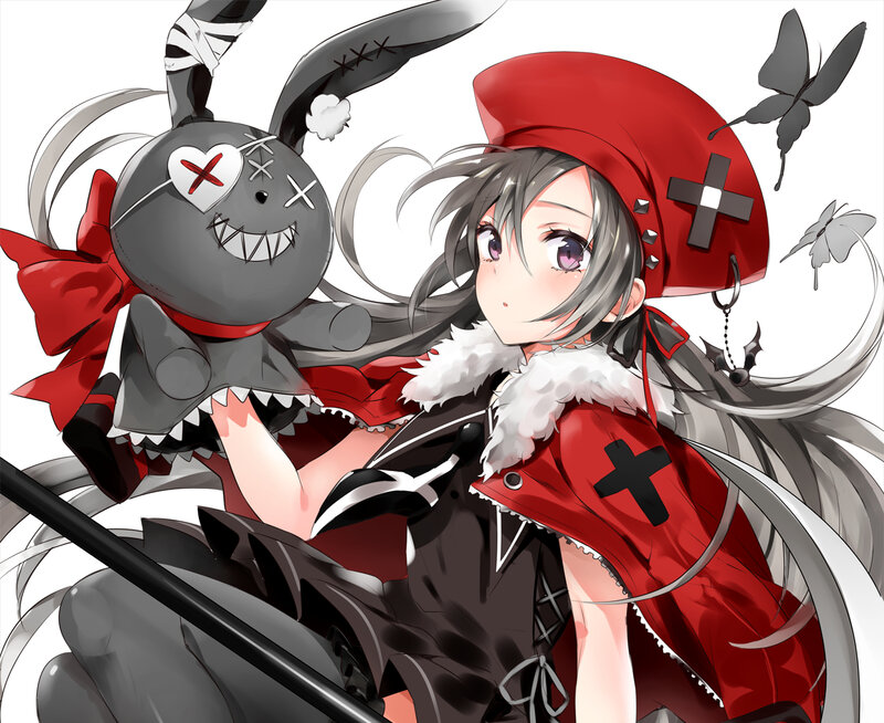 Anime Girl with Rabbit — Red, Playful, Rabbit Doll