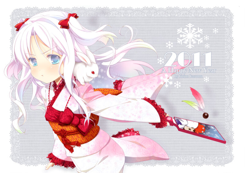 Anime Girl with Rabbit — White, Festive