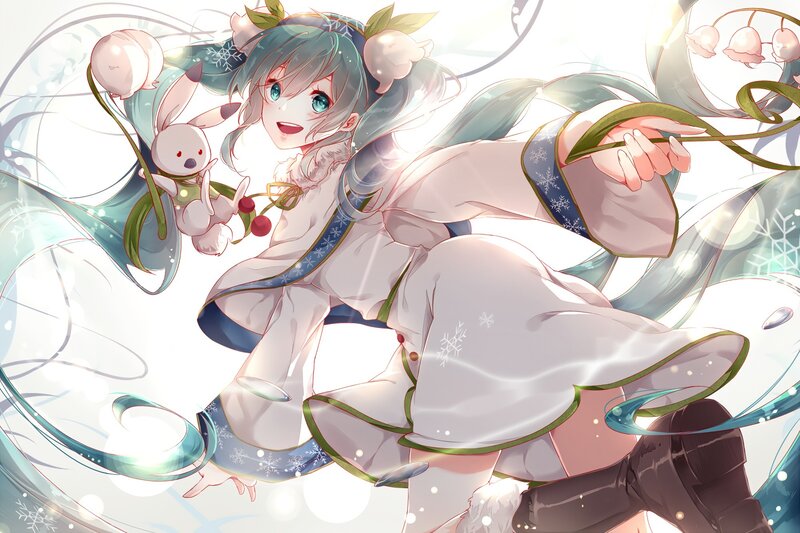 Anime Girl with Rabbit — White, Playful, Winter