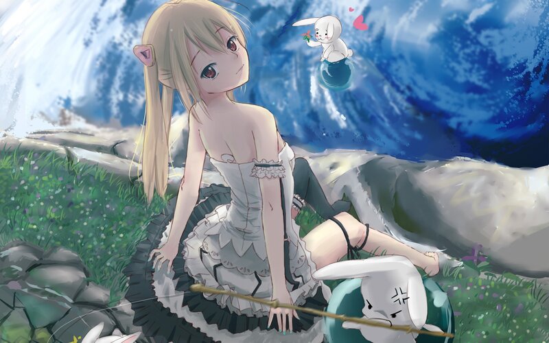 Anime girl with rabbits by water