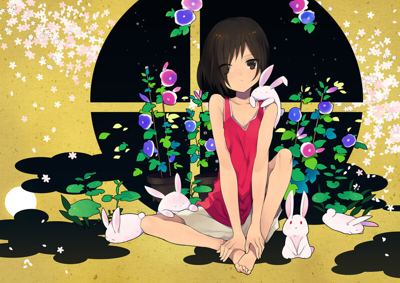 Anime Girl with Rabbits — Gold