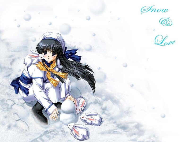 Anime girl with rabbits in snow