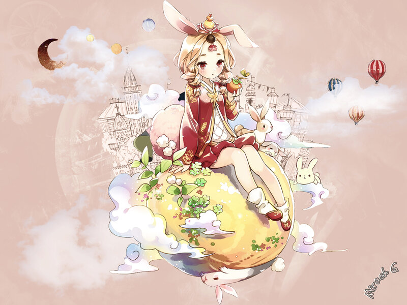 Anime Girl with Rabbits — Pink, Dreamy