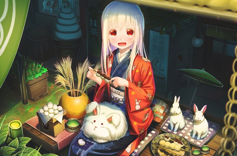Anime Girl with Rabbits — Red, Peaceful