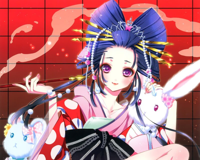 Anime Girl with Rabbits — Red, Playful