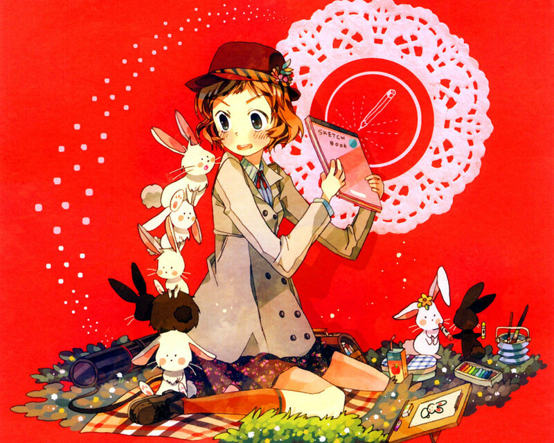 Anime Girl with Rabbits — Red