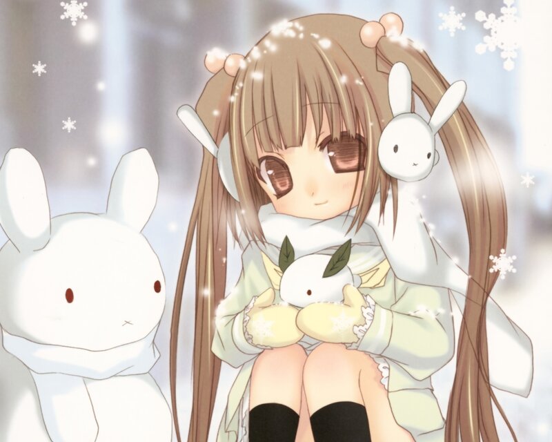 Anime Girl with Rabbits — White