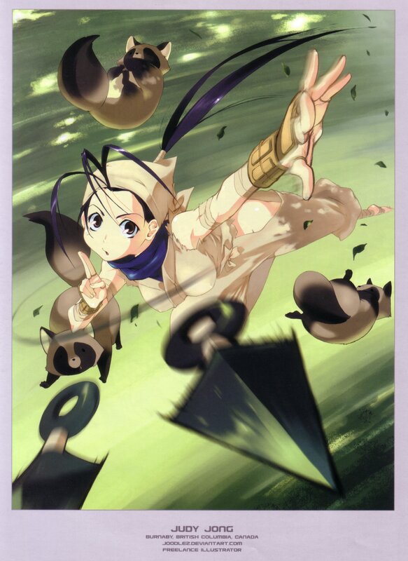 anime girl with raccoons
