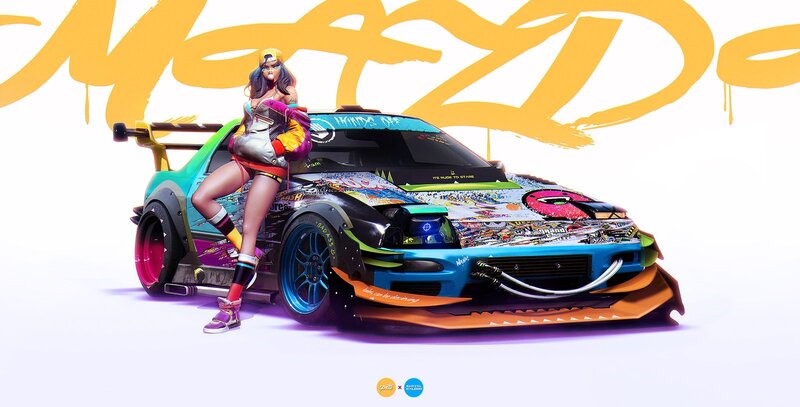 Anime Girl with Race Car — Yellow