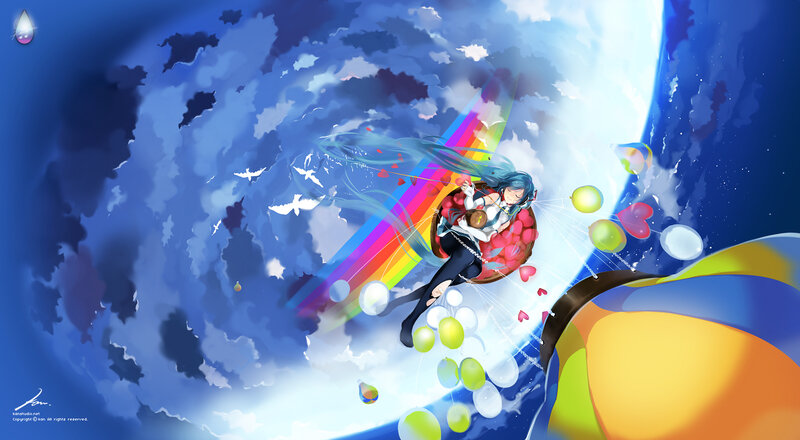 Anime girl with rainbow and balloons