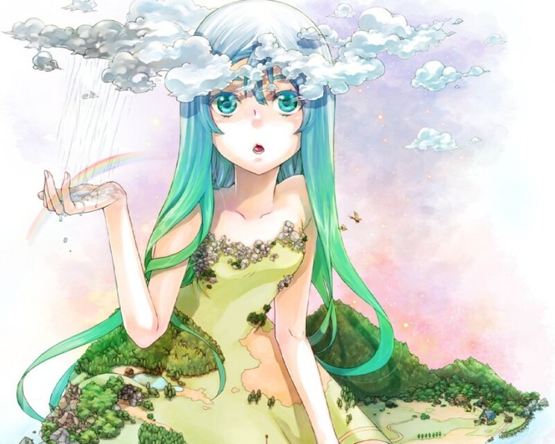 anime girl with rainbow and clouds