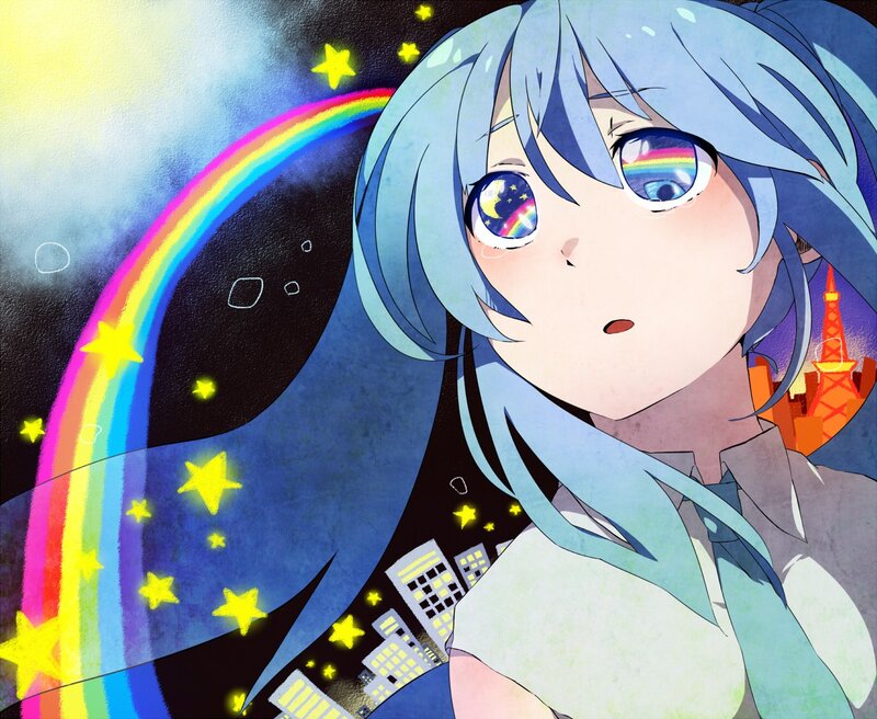 Anime girl with rainbow and stars