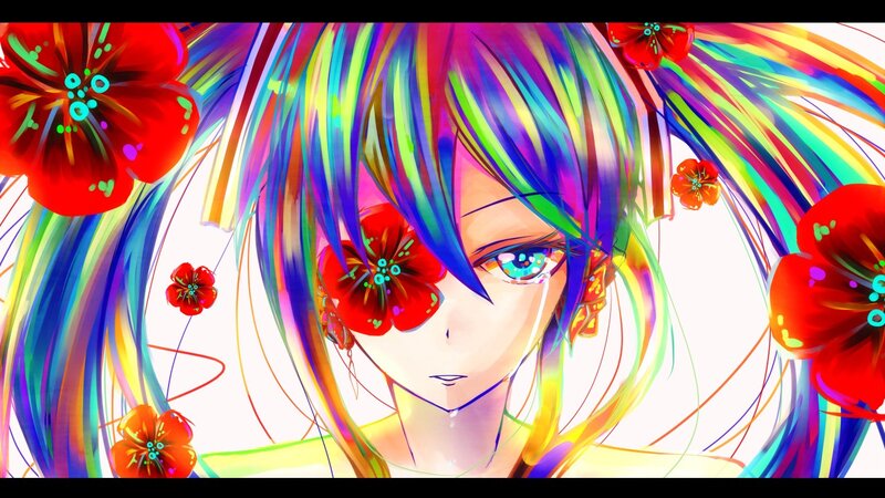 anime girl with rainbow hair