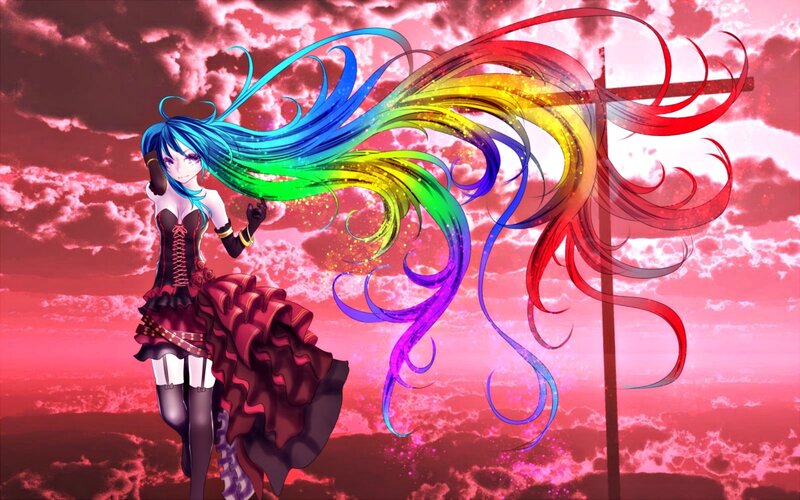 Anime Girl with Rainbow Hair — Red, Dramatic