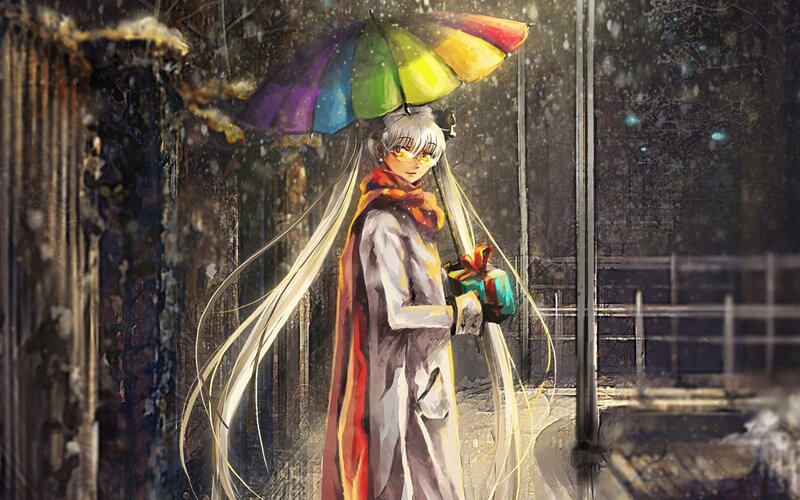 anime girl with rainbow umbrella