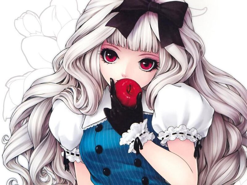 Anime Girl with Red Apple — White