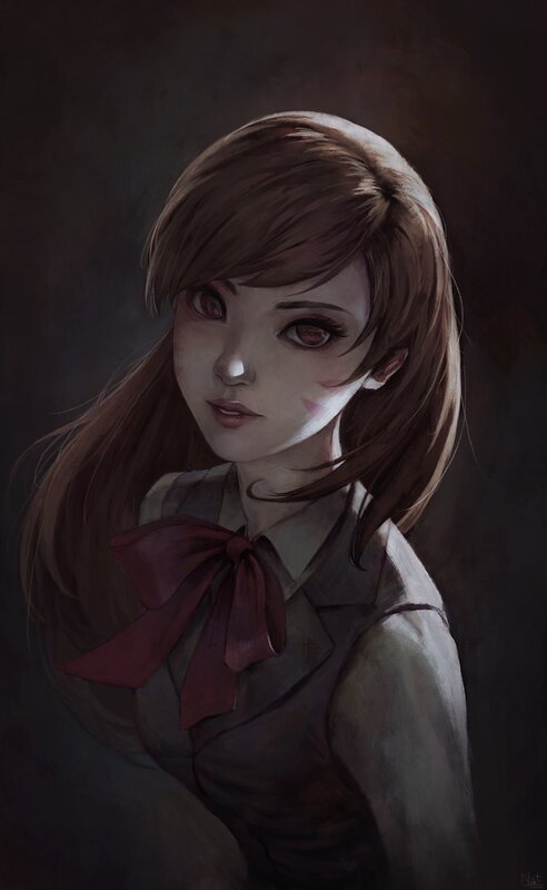 Anime Girl with Red Bow — Brown, Dramatic