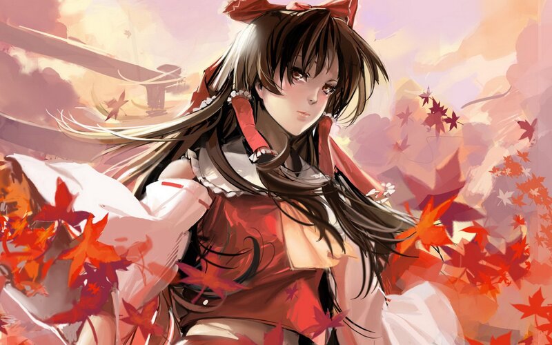 Anime Girl with Red Bow — Serene, Autumn, Digital Art, Maple Leaves