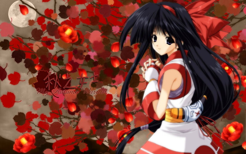 Anime Girl with Red Bow — Serene, Autumn, Red Leaves