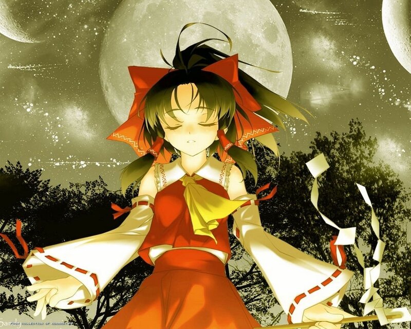 Anime Girl with Red Bow — Serene, Night, Moon, Trees