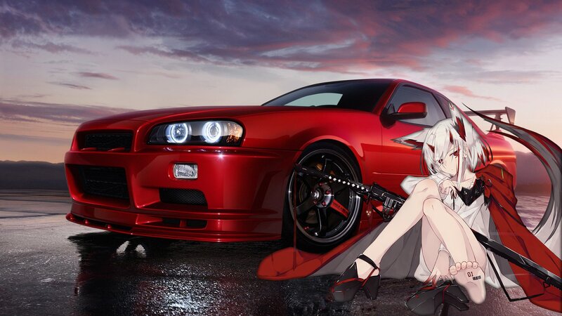 Anime Girl with Red Car — Dramatic, Sunset