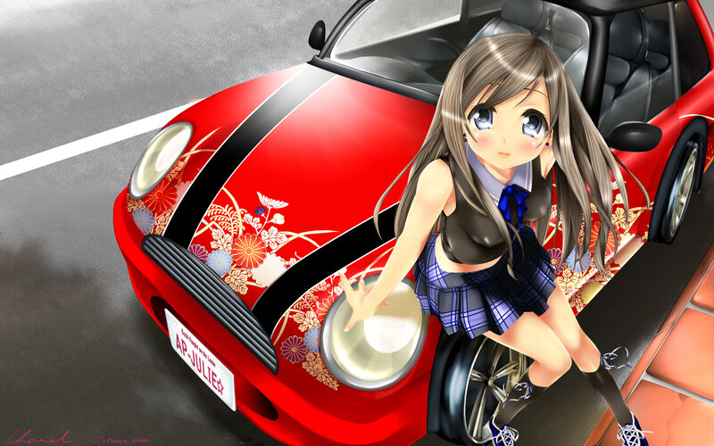 Anime Girl with Red Car — Playful