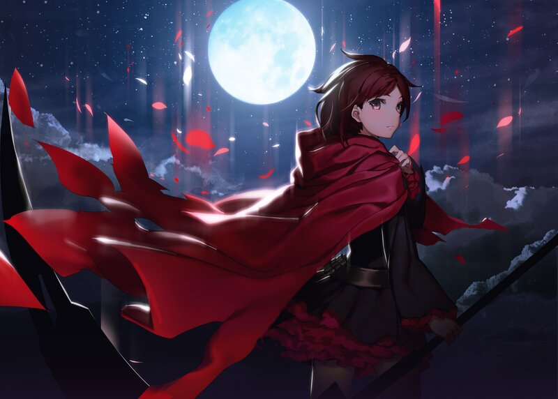 Anime Girl with Red Cloak — Dramatic, Night, Digital Art, Moon, Petals
