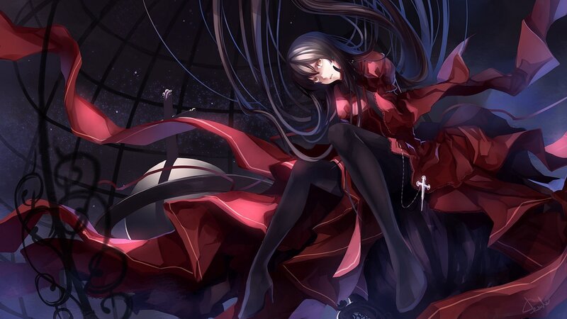 Anime Girl with Red Cloak — Dramatic, Night, Digital Art, Sword