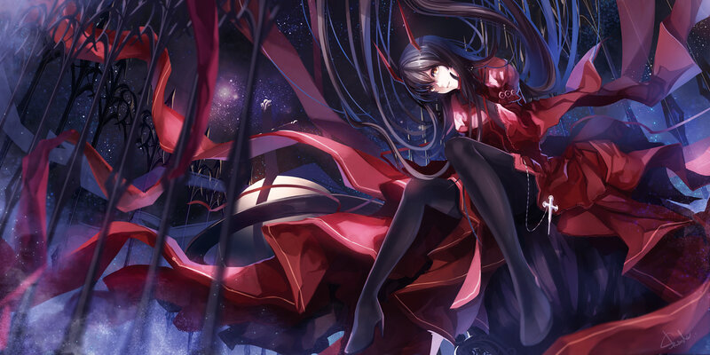 Anime Girl with Red Cloak — Dramatic, Night, Digital Art