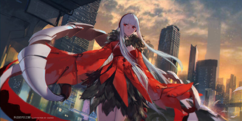 Anime Girl with Red Cloak — Dramatic, Sunset