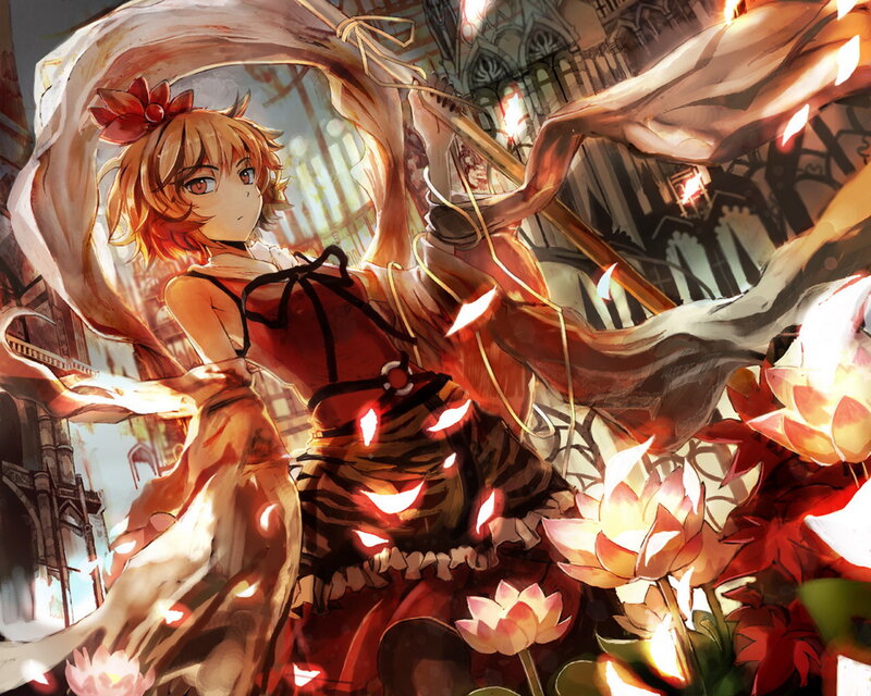 Anime Girl with Red Dress — Dramatic, Digital Art, Red Flower