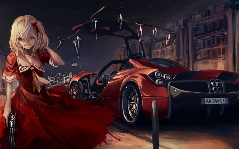 Anime Girl with Red Dress — Dramatic, Night, Digital Art, Red Car