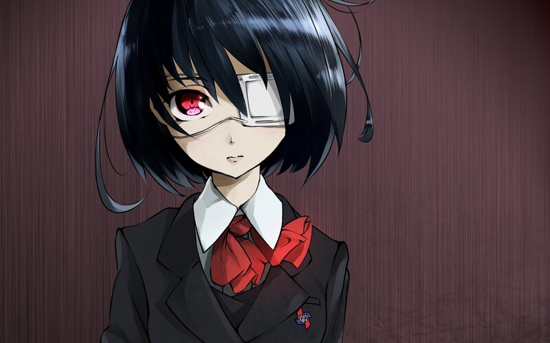 Anime Girl with Red Eye — Black, Serious