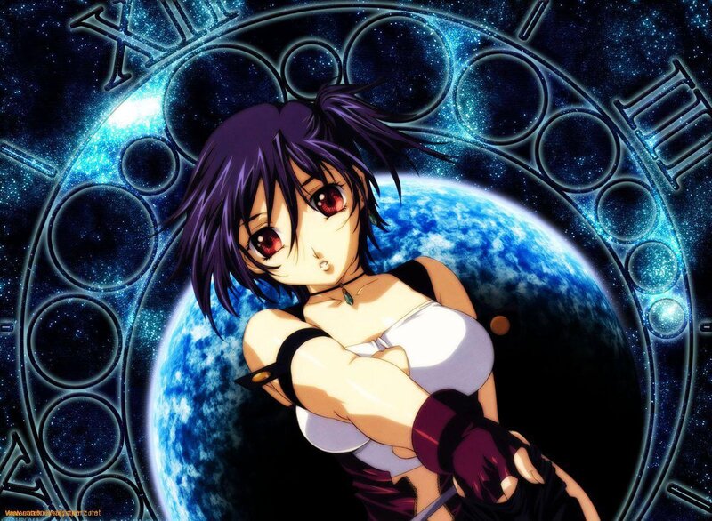 Anime girl with red eyes and clock