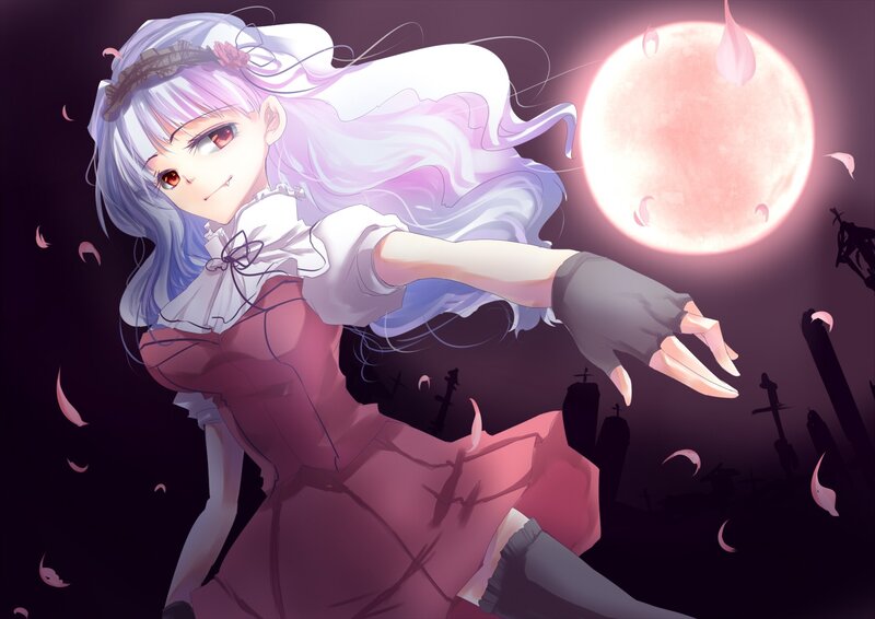 Anime girl with red eyes and moon