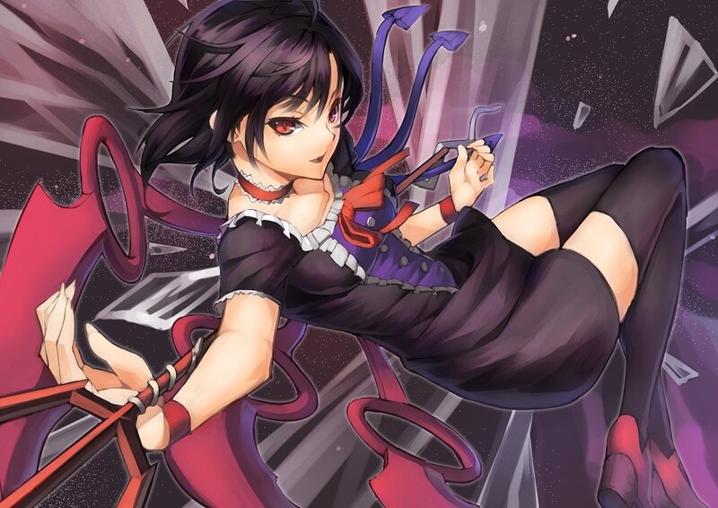 Anime girl with red eyes and weapons