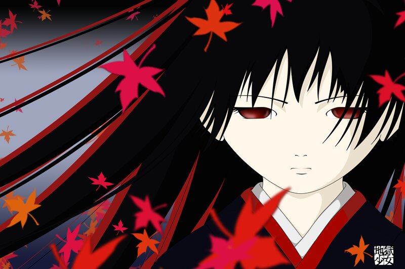 Anime Girl with Red Eyes — Black, Dramatic, Autumn, Red Maple Leaves