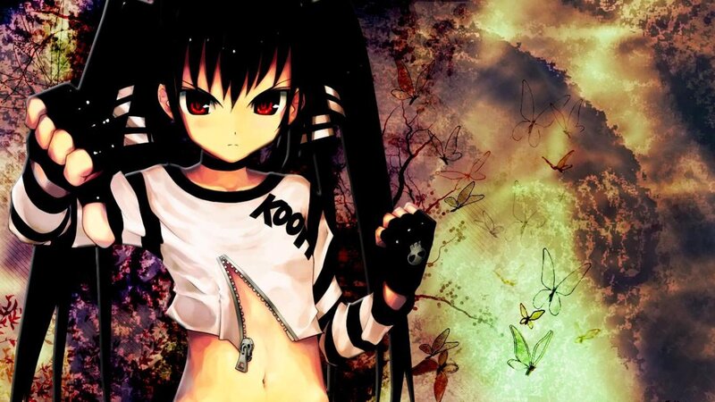 Anime Girl with Red Eyes — Black, Dramatic, Butterflies
