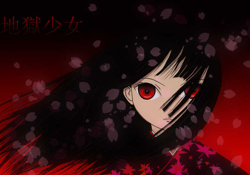 Anime Girl with Red Eyes — Black, Dramatic, Cherry Blossoms