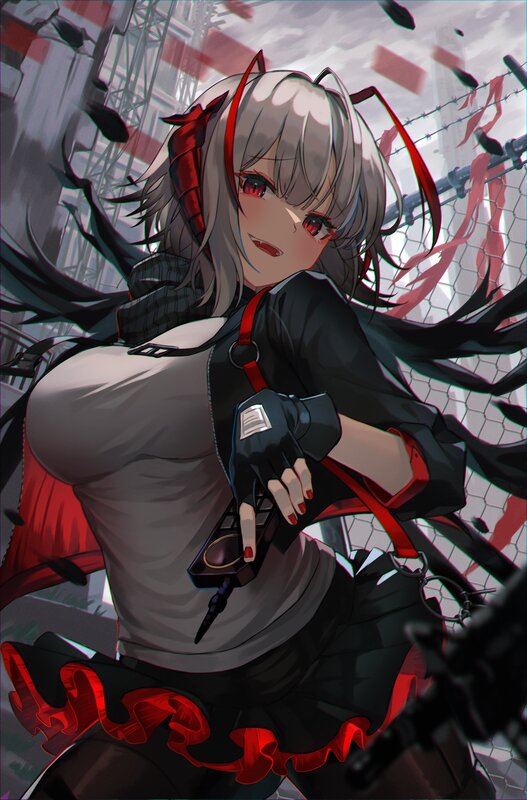 Anime Girl with Red Eyes — Black, Dramatic, Digital Art, Gun, Barbed Wire