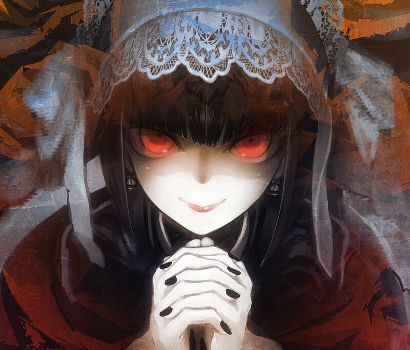 Anime Girl with Red Eyes — Black, Dramatic, Digital Art, Lace Headband