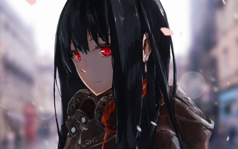 Anime Girl with Red Eyes — Black, Dramatic, Digital Art, Long Black Hair, Red Eyes, City Background