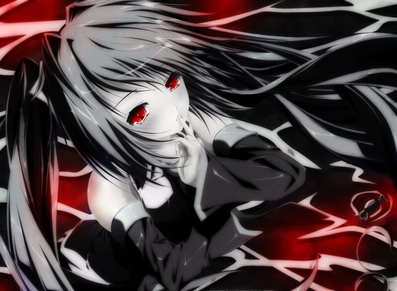 Anime Girl with Red Eyes — Black, Dramatic, Digital Art, Long Hair