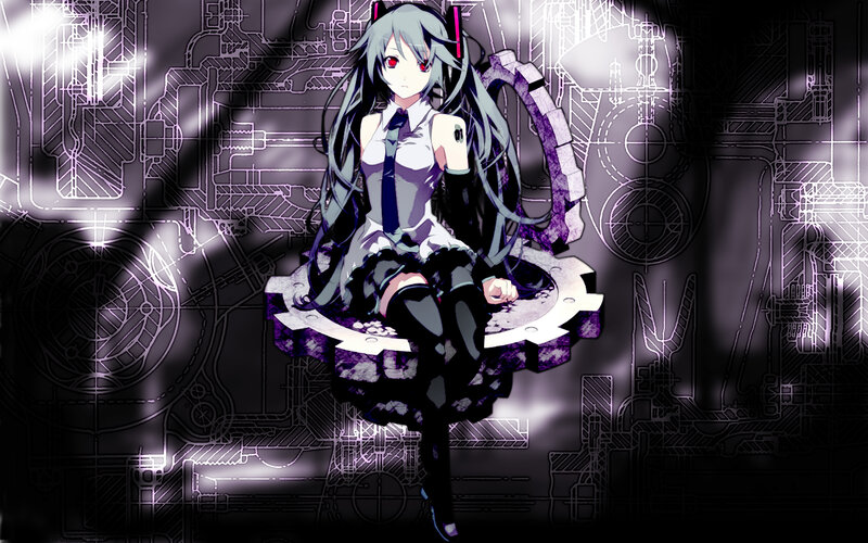 Anime Girl with Red Eyes — Black, Dramatic, Digital Art, Mechanical Background