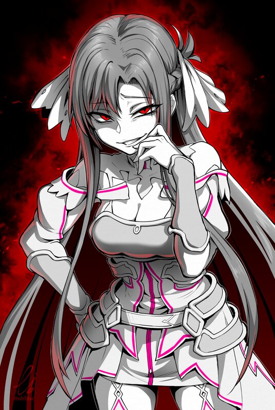 Anime Girl with Red Eyes — Black, Dramatic, Digital Art, Red Eyes, White Armor