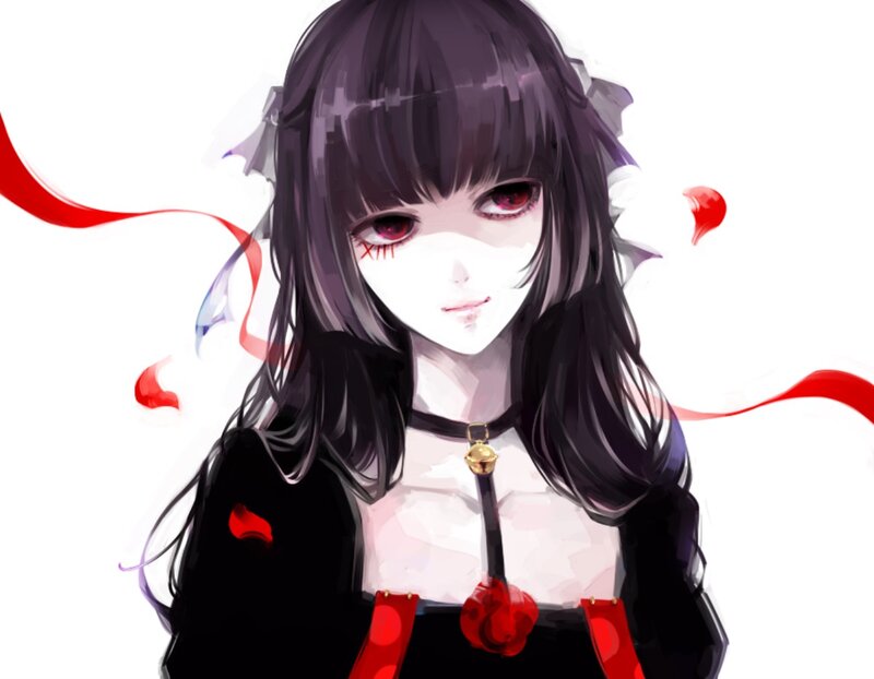 Anime Girl with Red Eyes — Black, Dramatic, Digital Art, Red Ribbons