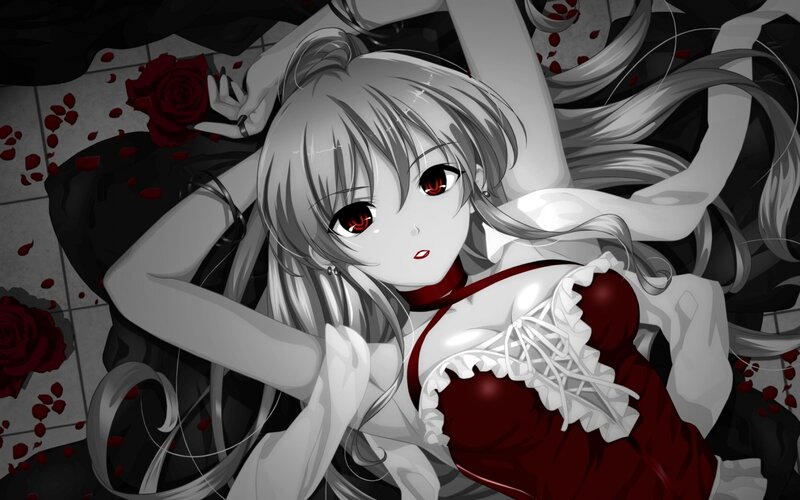 Anime Girl with Red Eyes — Black, Dramatic, Digital Art, Red Roses, Petals