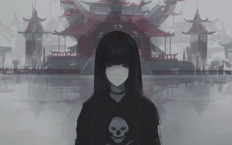 Anime Girl with Red Eyes — Black, Dramatic, Digital Art, Skull Shirt