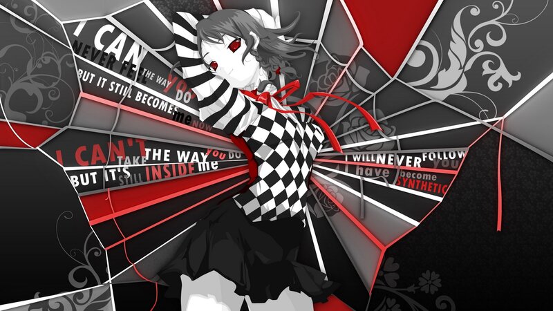 Anime Girl with Red Eyes — Black, Dramatic, Digital Art, Text, Checkered Pattern, Red Ribbon