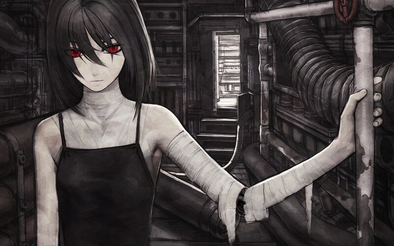 Anime Girl with Red Eyes — Black, Dramatic, Manga, Bandages